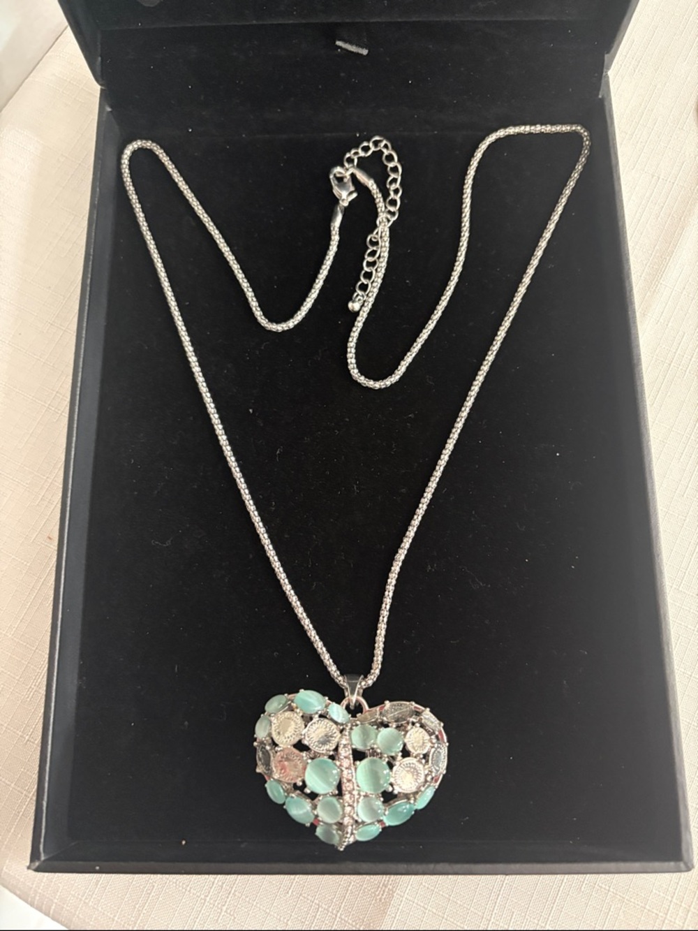 Silver Heart Pendant Necklace with Mint Green Accents